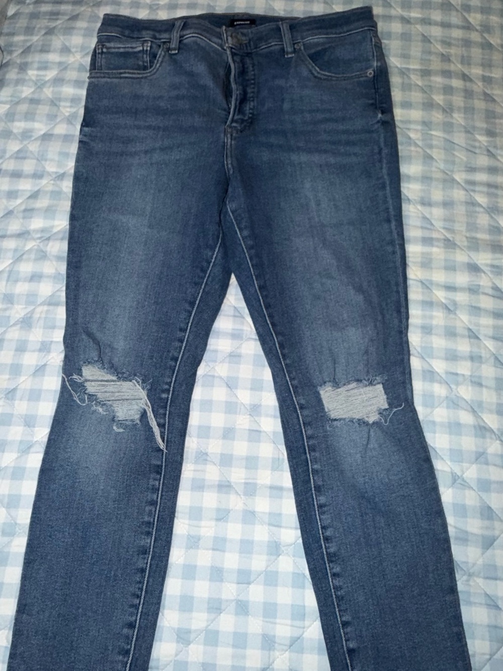 Express Women's Dark Blue Distressed Skinny Jeans